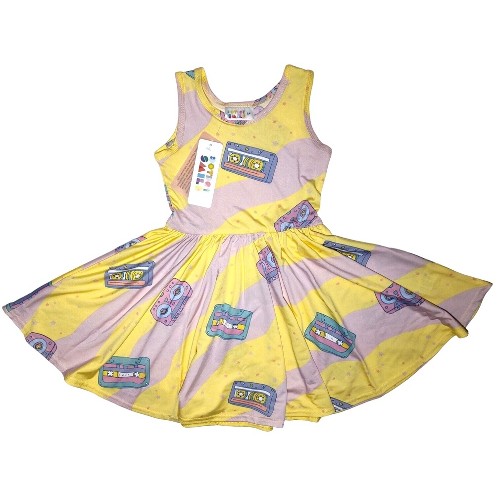 Dot Smile Girls Sz 3 4 Yellow Pink Retro‎ Cassette Tape Tank Dress Soft NWT